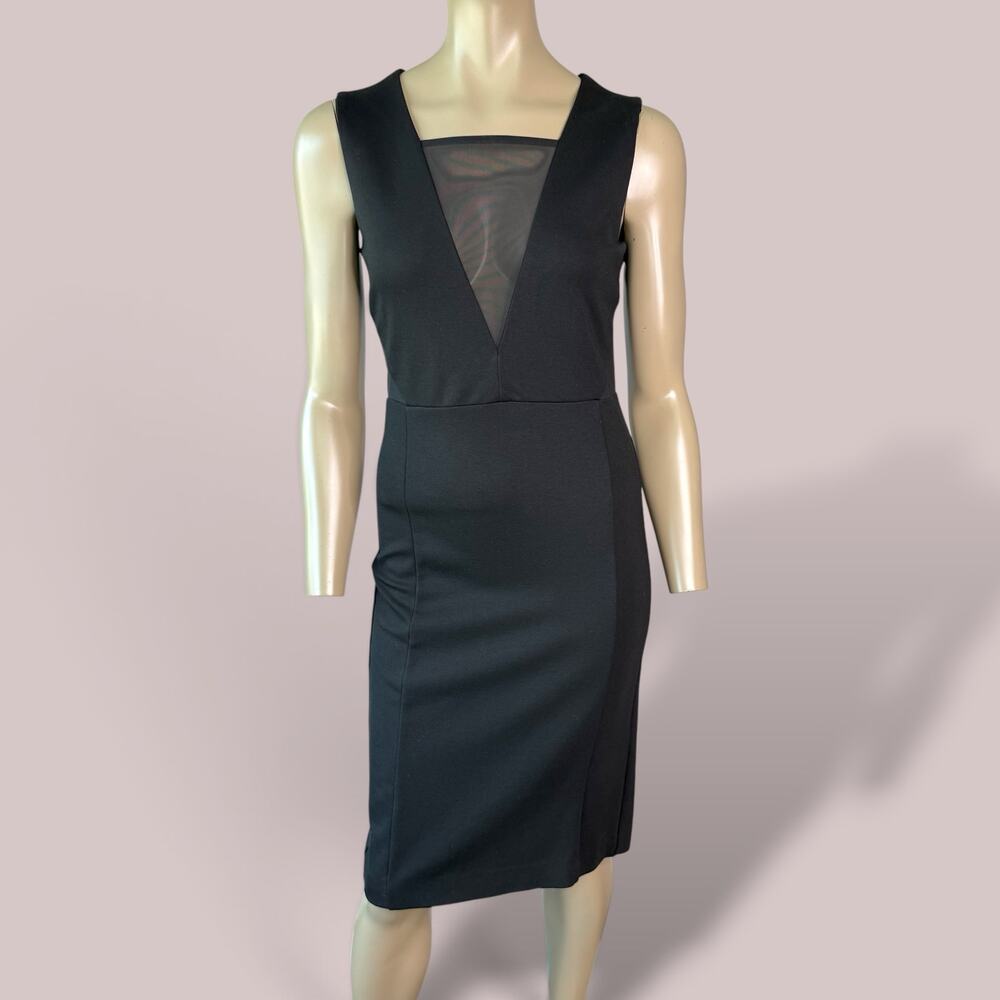 French Connection Womens 8 Black Sheath Party Dress Mesh Accent Sleeveless Ponte